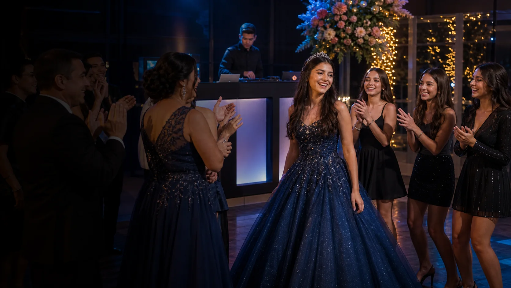 Debutante celebrando seus 15 anos com família, amigas e DJ