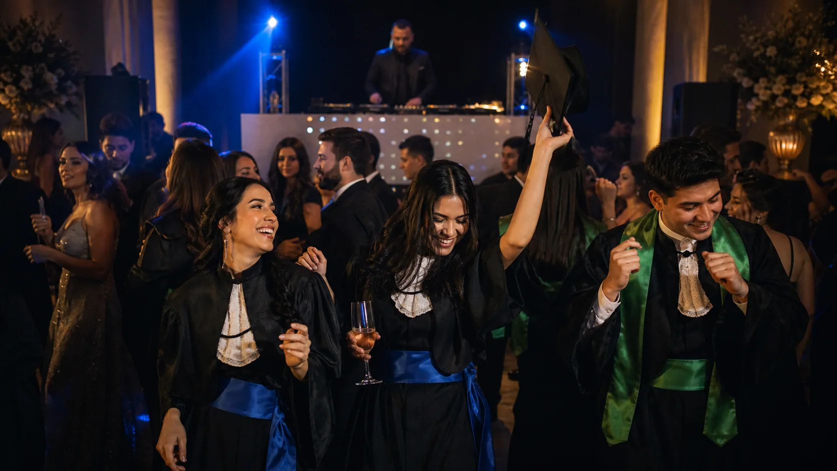 Formandos celebrando na pista com DJ durante baile de formatura